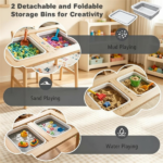 6-in-1 Kids Adjustable Height Sensory Activity Table with Chair, Natural Pine Wood Water Sand Play Table Building Block Art Craft Center for Toddlers 3+ Years Old - Image 10