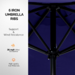 9ft Solar LED Patio Umbrella with Push Button Tilt & Crank, 6 Ribs Waterproof Polyester Outdoor Market Table Umbrella for Garden Backyard Pool, Navy Blue - Image 3