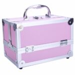SM-2176 Aluminum Makeup Train Case Jewelry Box Cosmetic Organizer with Mirror 9"x6"x6" Pink - Image 7