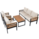 GO 4-Piece Outdoor Furniture Sofa Set for 5 People with Acacia Wood Armrests, Patio Conversation Set with Removable Cushion and Solid Wood Coffee Table for Garden,Beige - Image 5