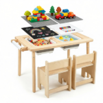 3-Piece Kids Activity Table and Chair Set with Storage Bins & Replaceable Paper Roll, Multi-Functional Chalkboard Activity Desk with 2 Ergonomic Chairs for Children Learning & Sensory Play - Image 4