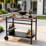 Stainless Steel Outdoor Grill Prep Table with Storage Cabinet Spice Rack & Tool Hooks, Rolling Portable BBQ Cooking Cart Lockable Wheels Heavy Duty Metal Frame for Backyard Patio Pizza Serving Station Black Brown - Image 8