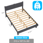 Dark Gray Queen Size Tufted Platform Bed Frame - Linen-Like Upholstery, Horizontal Stripe Headboard - Image 3