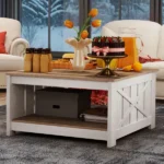 Rustic Farmhouse Coffee Table with Half-Open Storage, Square Rustic Wood Cocktail Table for Living Room, Grey Wash (Shipment from Walmart)