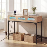 35.5" Narrow Console Table with LED Lights & Power Station, 3-Drawer Entryway Sofa Table with Charging Ports - Image 2