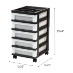 5-Drawer Narrow Plastic Storage Drawer Cart with Organizer Top, Black - Image 2