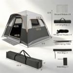 Gray Light-Blocking Outdoor Cabin Tent, Large 9x9ft Interior Windproof Rainfly Tent with Carry Bag Ground Stakes Ropes for Family Group Camping - Image 3