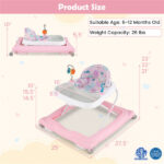 Pink Foldable Baby Walker with Detachable Tray & Shape Sorter Toys, 3-Level Height Adjustable for 6-12 Months - Image 6