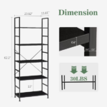 5-Tier Wooden Bookshelf with Adjustable Feet, Metal Frame, Waterproof and Scratch-Resistant Shelves, Black (Shipment from Walmart) - Image 3