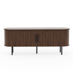 Walnut Embossed Particle Board TV Stand, Oval Tabletop 147×35×58cm, Modern Entertainment Center with Sliding Grid Doors, Media Console Cabinet for Living Room Bedroom - Image 4