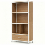 Natural Vertical Freestanding Display Shelf with 4 Open Cubbies & Pull‑Out Drawer, Heavy‑Duty Engineered Wood Metal Frame Storage Organizer for Small Spaces - Image 2