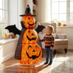 5ft Orange 3-Tier Retractable Fabric Pumpkin Halloween Light Decor with Cape & Wings, 130 Warm White LED String Lights, 4.5V 3.6W - Image 8