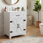 Washed white particleboard with melamine veneer, barn double door with U-shaped internal shelves, washbasin cabinet, 61*47*85cm (24 inches) - Image 5