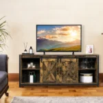 3-layer Double Barn Door with Sliding Rail X-shaped Panel TV Cabinet MDF with Triamine Retro Brown - Image 16
