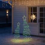 Set of 2 Lighted Metal Christmas Tree Yard Decorations, Pre-lit Holiday Decor with 150 Green and Warm White LED Lights for Xmas Outdoor Indoor Decor Lighted Holiday Displays - Image 2