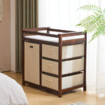 Brown painted pine wood frame children's bed with removable top, 87*53*87.5cm, includes 3 fabric drawers and 1 fabric bag, and a changing table - Image 19