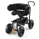 Rolling Garden Cart with Cushioned Backrest & Seat, Outdoor Gardening Stool for Planting, Garden Scooter with 360 Degree Swivel Seat & Steering Handle & Tool Tray, Black - Image 2