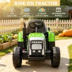 12V Green Toddler Electric Ride-On Tractor – 25W Dual Drive Motors, with Hauling Trailer, Parental Remote, Built-in Music Player, Ignition Startup Sound, Horn & Bright LED Lights - Image 7