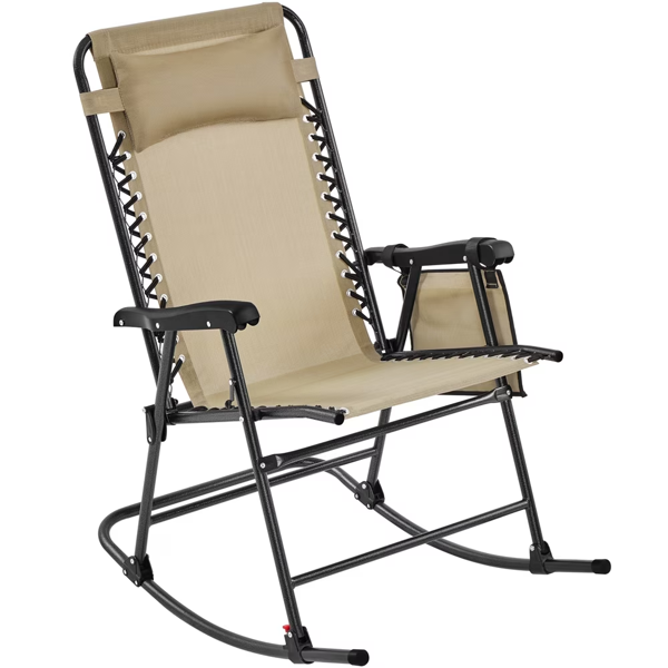 Outdoor Rocking Lounge Chair with Headrest Pillow, Beige