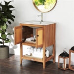 2-Door Rattan Bathroom Vanity, Acacia Wood Cabinet with Ceramic Sink (White + Natural)​ - Image 9