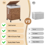 100L 2-Section Laundry Hamper with Lid and Wheels, Woven Natural Water Hyacinth Rolling Laundry Hamper - Image 2