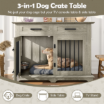 44.48" Large Dog Crate Furniture, Indoor Wooden Dog Kennel End Table with 2 Storage Drawers and Rotating Bowls, Decorative Pet Cage Dog House for Medium Dogs, Gray - Image 9