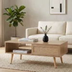 41.3 Inch Rattan Coffee Table with Sliding Storage Door, Rectangle Wooden Accent Center Sofa Table with Solid Wood Legs,Suitable for Living Room,Natural (Shipment from Walmart) - Image 5