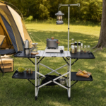 Foldable Aluminum Camping Kitchen Table Heat Resistant Tabletop Detachable Lamper , 4 Foldable Side Trays Mesh Storage Rack Hanging Hooks 154lbs Load Capacity with Carry Handle for Camp Tailgate RV Picnic--Silver