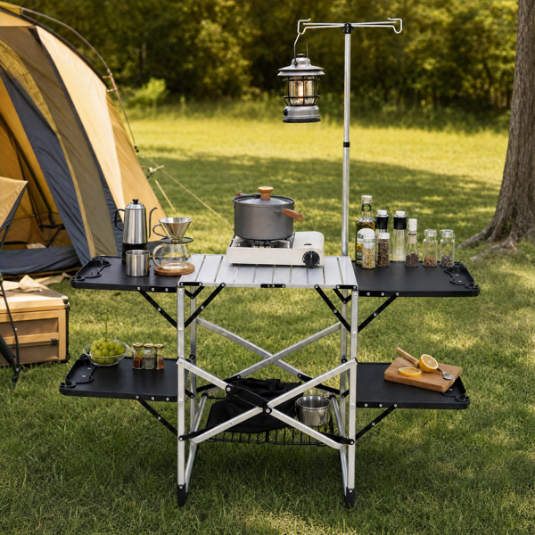 Foldable Aluminum Camping Kitchen Table Heat Resistant Tabletop Detachable Lamper , 4 Foldable Side Trays Mesh Storage Rack Hanging Hooks 154lbs Load Capacity with Carry Handle for Camp Tailgate RV Picnic--Silver