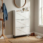 Barn door three-drawer cabinet with top panel; shoe cabinet; particleboard; 80*24*145cm; distressed white