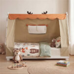 Twin Size Montessori House Floor Bed with Removable Canopy Tent, Solid Wood Kids Bed with Guardrails - White - Image 6