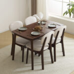 Rubber wood soft bag deep walnut dining table and chair set 1 table 4 chairs beige cushion rectangular - Image 35