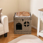 2-Tier Wicker Cat Condo with Litter Mat - Hidden Litter Box Enclosure, Detachable Washable Cushion, Gray Rattan - Image 4