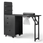 Black MDF Folding Nail Desk with 2 Drawers, Cabinet Door & Storage Shelf - Image 3