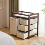 Brown painted pine wood frame children's bed with removable top, 87*53*87.5cm, includes 3 fabric drawers and 1 fabric bag, and a changing table - Image 27