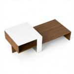 2-Tier Modern Geometric Coffee Table Engineered Wood Low Center Table with Storage Shelf, Waterproof Surface Cross Base Accent Table for Living Room Tea Game Work - Brown & White - Image 2