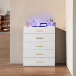 Particleboard Wood Three Drawers With LED Light Bedside Table Dresser Nightstand White - Image 11