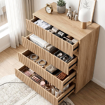 Handleless Grille-Finished 4-Drawer Bedside Table P2 Particleboard + MDF & Melamine Veneer + Thermoformed Drawer Dresser 23.62*14.96*30.71in Oak - Image 18