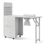 White MDF Folding Nail Desk with 2 Drawers, Cabinet Door & Storage Shelf - Image 2