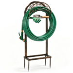 Garden Hose Holder, Water Hose Holder Stand with Storage Basket, Heavy Duty Freestanding Garden Hose Hanger Storage Rack with 4 Spikes for Outside Yard Lawn Farm, Bronze