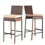 Set of 2 Patio Wicker Barstools, Outdoor Bar Height Chairs with Seat Cushions & Footrests for Patio Porch Backyard Living Room Balcony, Brown Gradient Rattan & Beige Cushion - Image 22