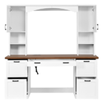 Farmhouse Arched Computer Desk with Hutch, Mid-Century Walnut Home Office Workstation with Charging Station & Keyboard Tray, All-in-One Writing Desk with File Drawer for Study, Office, White - Image 5