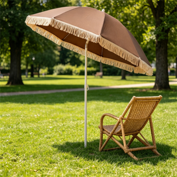 7 FT Boho Patio Umbrella with Fringe Tassel, 30° Adjustable Tilt Outdoor Sun Canopy, Portable 2-Section Metal Beach Umbrella