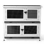 2 Story Solid Wood Rabbit Hutch Bunny Cage with 2 Large Main Rooms, Indoor Outdoor Rabbit House Guinea Pig Cage Pet House for Small Animals with 2 Removable Trays, Grey - Image 5