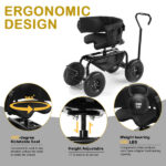 Rolling Garden Cart with Cushioned Backrest & Seat, Outdoor Gardening Stool for Planting, Garden Scooter with 360 Degree Swivel Seat & Steering Handle & Tool Tray, Black - Image 14