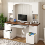 Farmhouse Arched Computer Desk with Hutch, Mid-Century Walnut Home Office Workstation with Charging Station & Keyboard Tray, All-in-One Writing Desk with File Drawer for Study, Office, White - Image 16