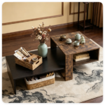 2-Tier Modern Geometric Coffee Table Engineered Wood Low Center Table with Storage Shelf, Waterproof Surface Cross Base Accent Table for Living Room Tea Game Work - Black & Brown - Image 8