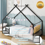 Black House Shaped Twin Size Kids Metal Bed with Side Rails, Platform Bed No Box Spring Needed, Safe & Sturdy Metal Frame for Kids Toddlers, US Standard Size - Image 8