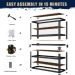 Garage Shelving Storage 60” H, Heavy Duty Metal Shelves 2400 lbs Capacity, Adjustable 5 Tier Rack for Basement Warehouse Pantry Closet, Black - Image 2