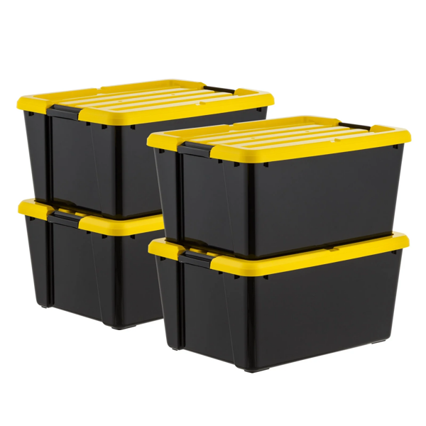45 Qt Black Plastic Stackable Storage Bin with Lid Tote, Plastic Storage Container with Lid, 4-Pack